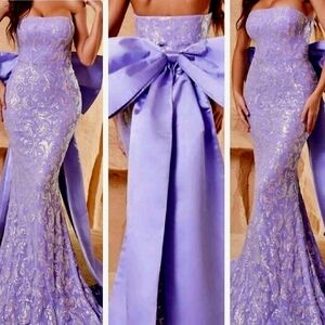 Lilac Purple, , Strapless,  Big Bow, Contrast Sequined Mermaid Maxi Gown